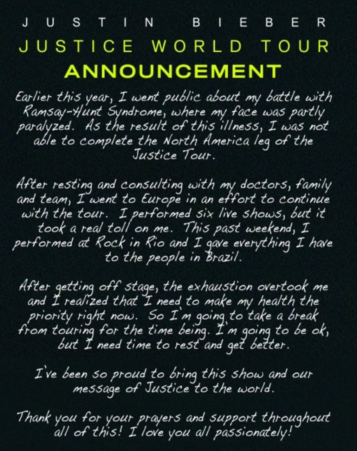 จัสติน บีเบอร์ ประกาศยกเลิก World Tour