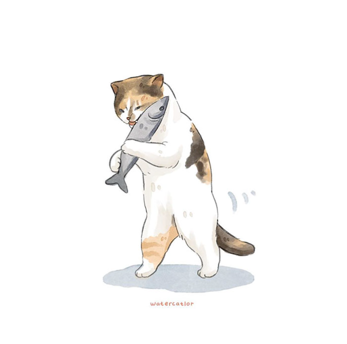ภาพวาดมีมแมวสุดคิวท์ watercatlor