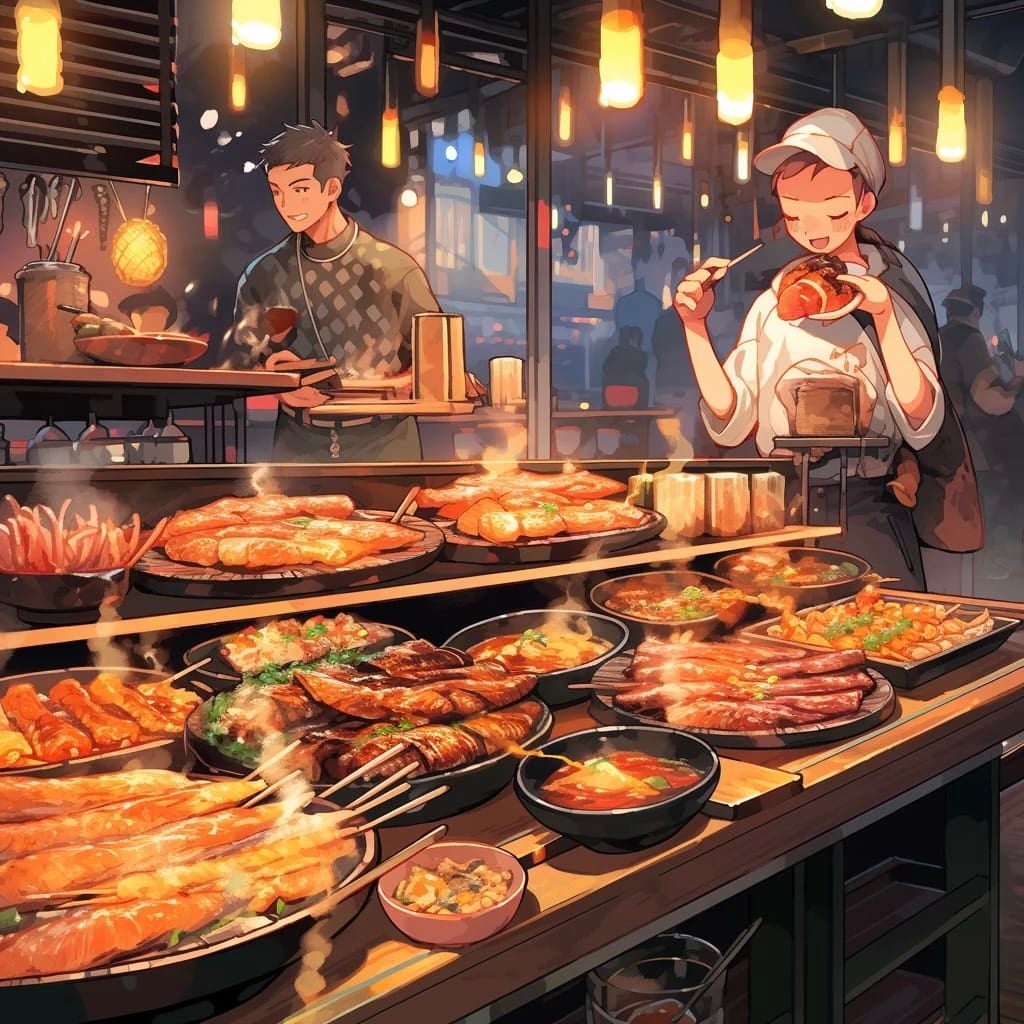 ภาพร้านอาหาร สตรีทฟู้ด สไตล์อนิเมะ AI