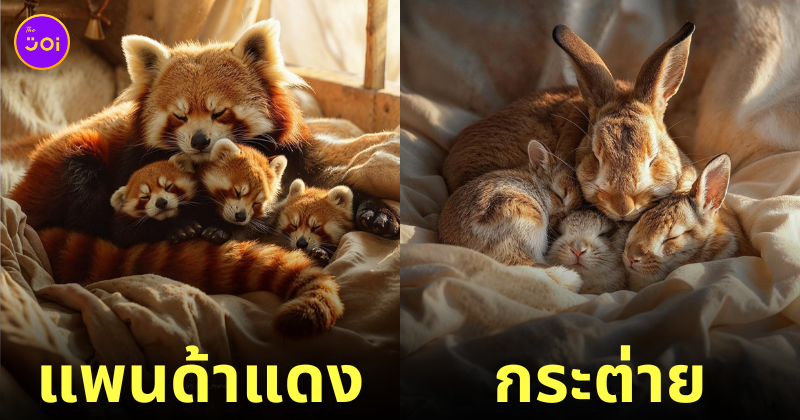 ภาพแม่ลูกสัตว์โลกน่ารักที่นอนกอดกันแน่นแบบแสนอบอุ่น Aiart