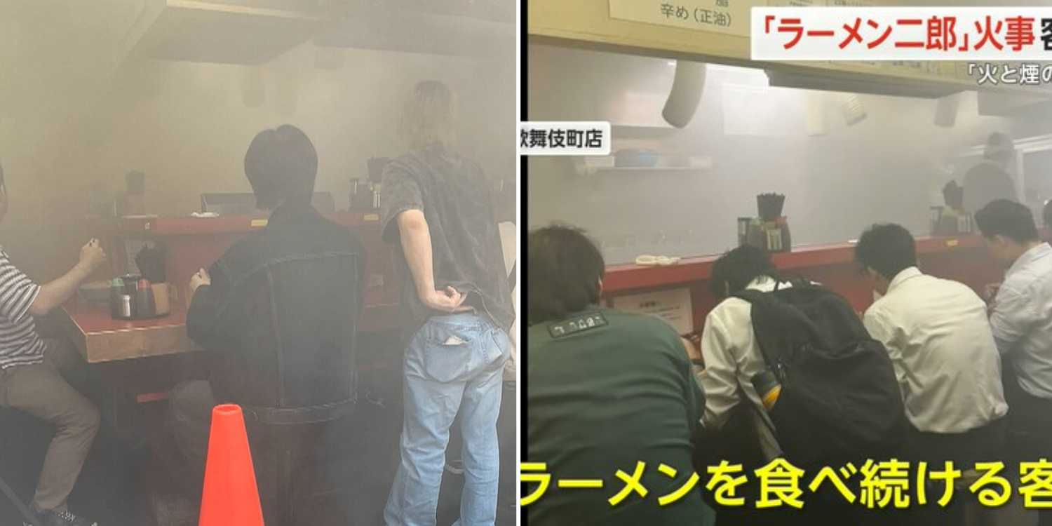 ลูกค้าชาวญี่ปุ่นยังคงนั่งโซ้ยราเมนเจ้าดังแบบไม่รู้ร้อน ขณะที่ร้านเกิดเพลิงไหม้