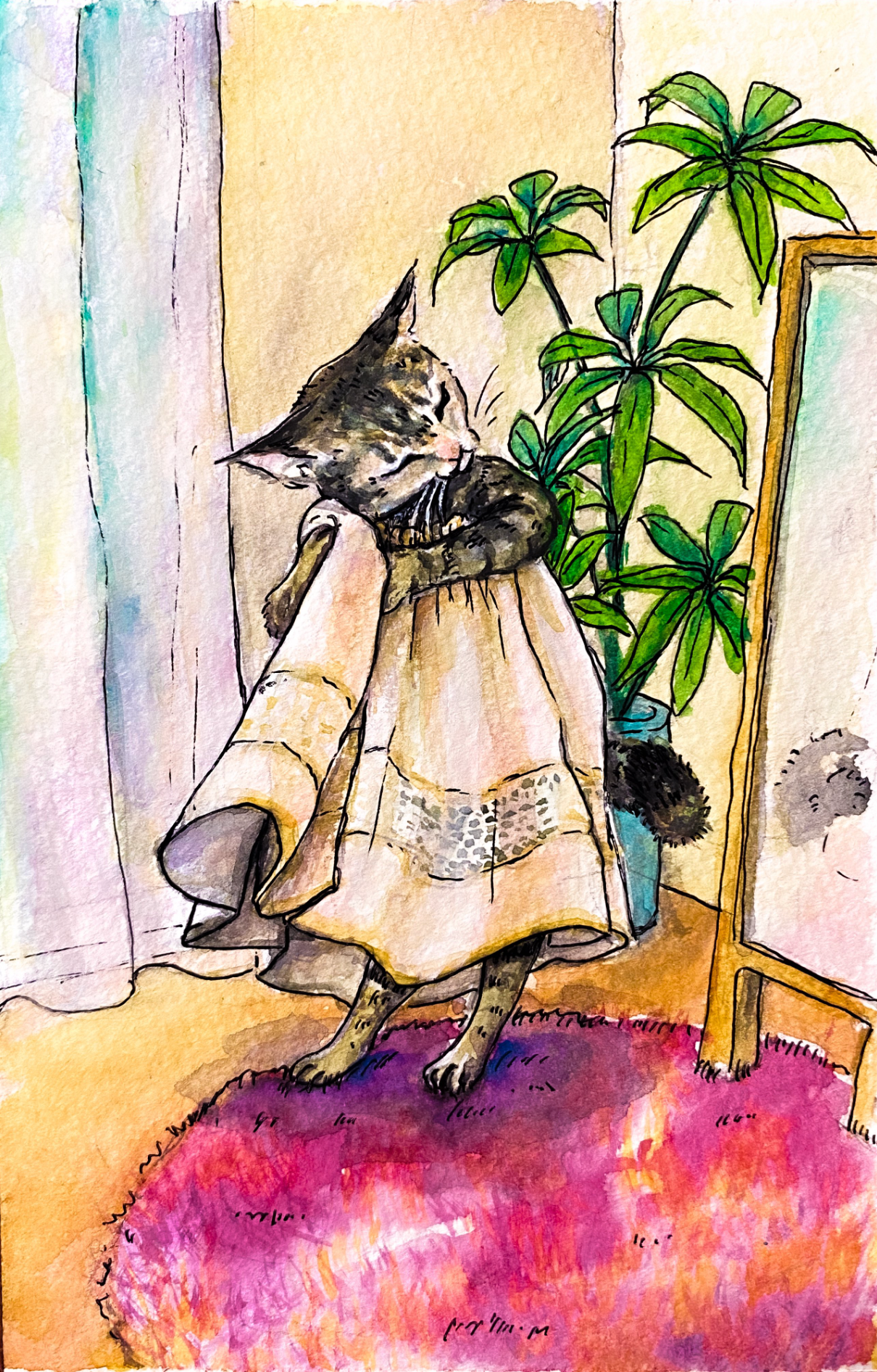 fanart แฟนอาร์ต แมวเล่นผ้าม่าน ใส่ชุดกระโปรง