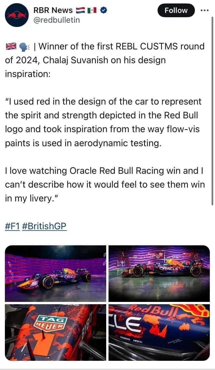 &Quot;น้องชลัช สุวณิชย์&Quot; เด็กไทยชั้นม. 5 ชนะเลิศออกแบบลายรถแข่ง F1 ทีม &Quot;Red Bull&Quot; ก่อนใช้จริงในสนามที่อังกฤษ